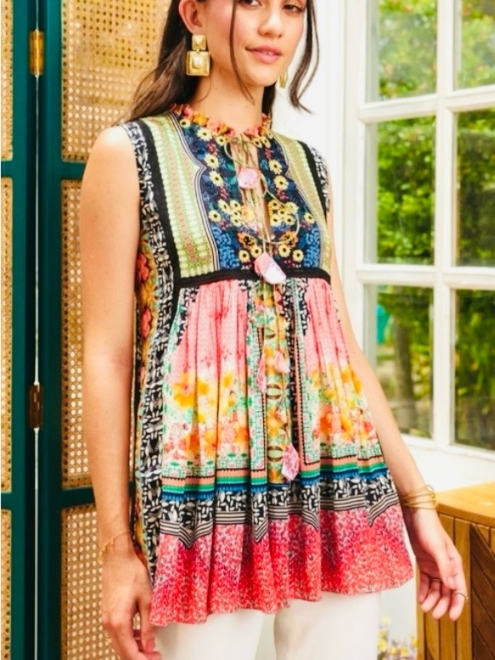Anthropologie Bhanuni By Jyoti Boho Sleeveless Tunic in Coral Multi L